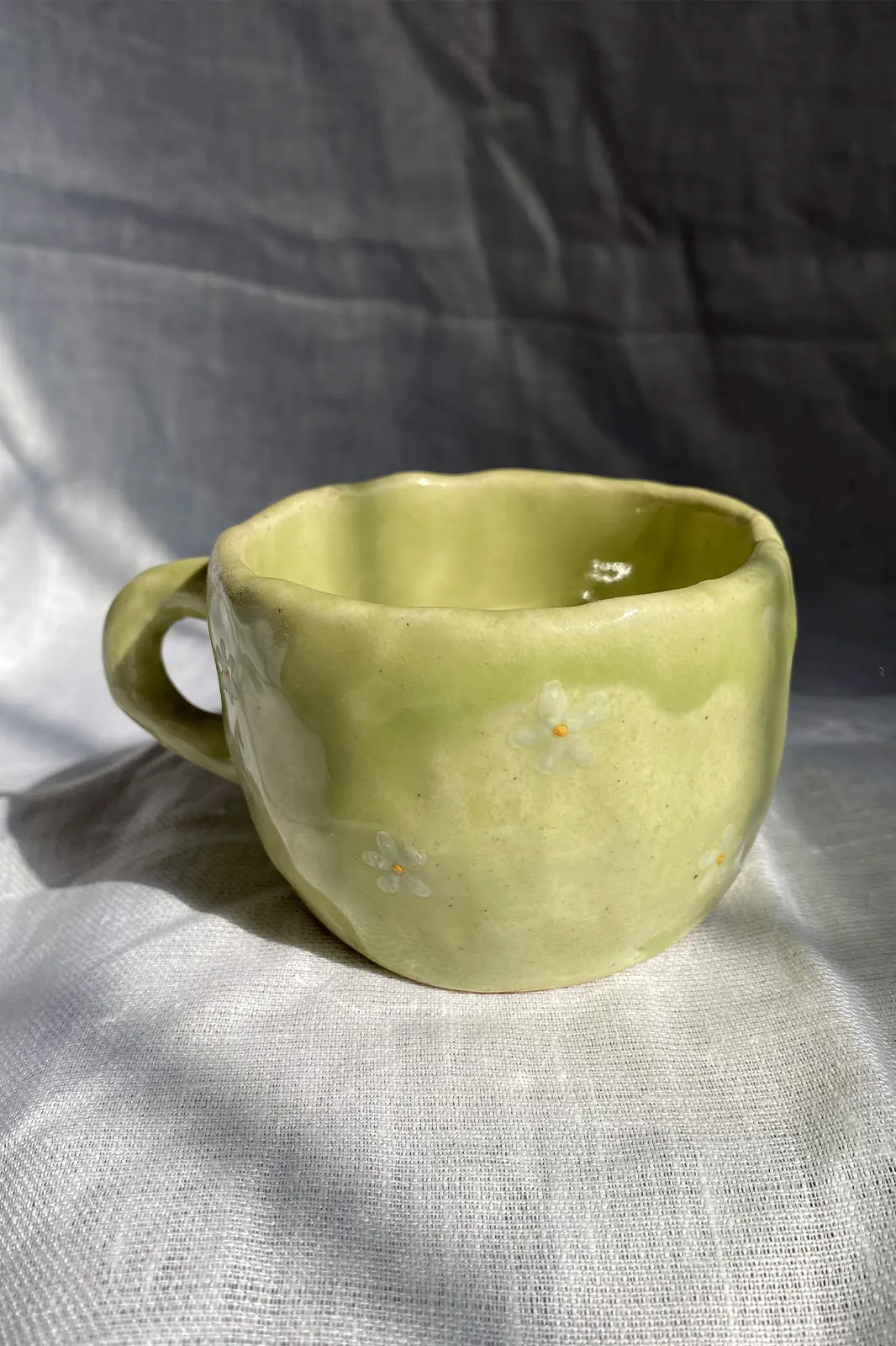 Olive ceramic hand pinched daisy print coffee tea mug set of 6, cup set of 6, tea cup, ceramic tea cup, coffee cup, green cup, hand painted cup, ceramic mugs, eco friendly coffee cup, coffee mug, eco friendly mugs, hand painted mug, handmade mug, coffee mug ceramic, Toh, Sepia Stories