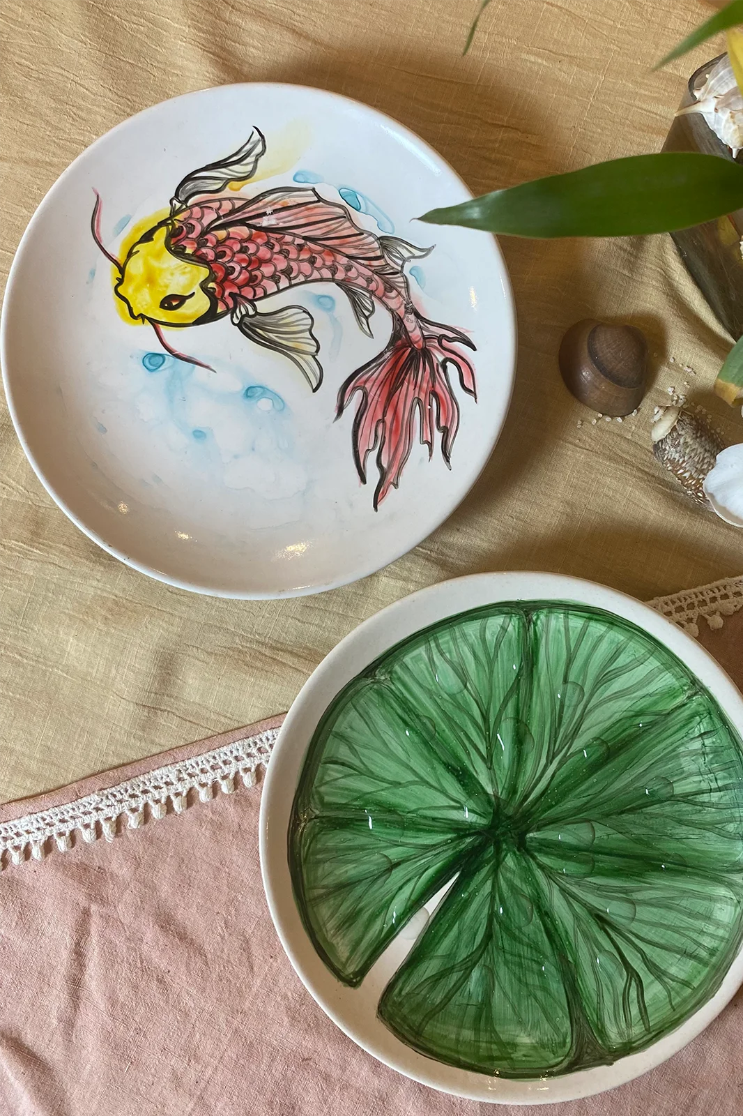 Koi fish ceramic plate set of 2, hand painted plate, ceramic plates, handmade ceramic plates, handpainted ceramic plates, ceramic plates set, painted plate, painted plate set, dinner ceramic plates, ceramic plates online, ceramic plates online India, decorative ceramic plates, jack of all, Sepia stories