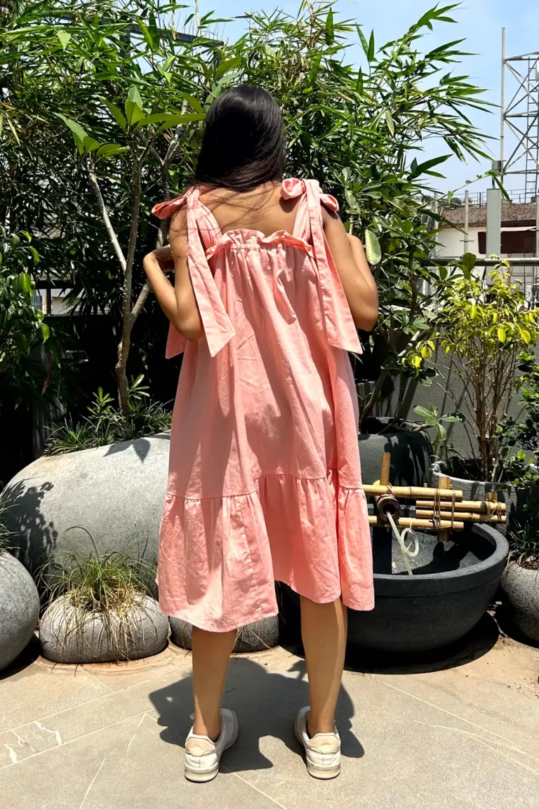 adah tie up flare dress, flare dress womens, fit and flare dress, long flare dress, cotton flare dress, pink flare dress, organic clothing, sustainable clothing