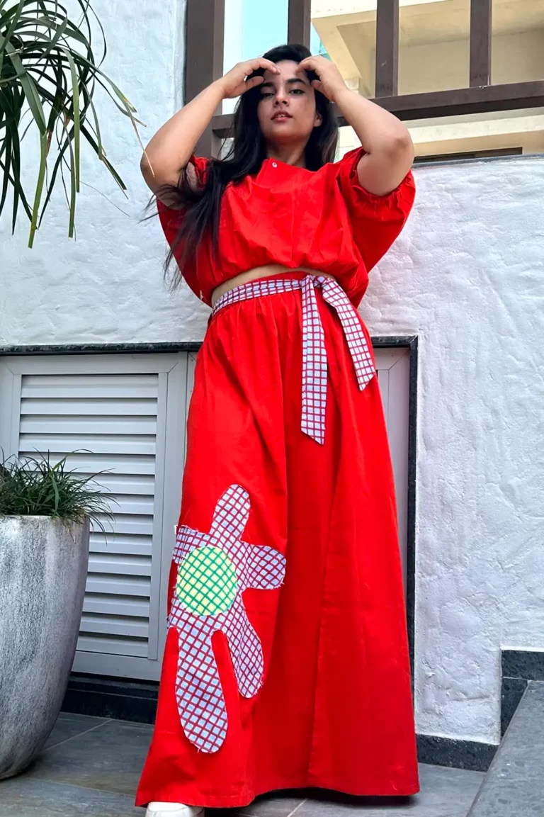 aditi fiery red 2pc skirt co-ord set, co ord set women, women co ord set, co ord set western, top and skirt co ord set, co ord set designs, organic clothing, sustainable clothing