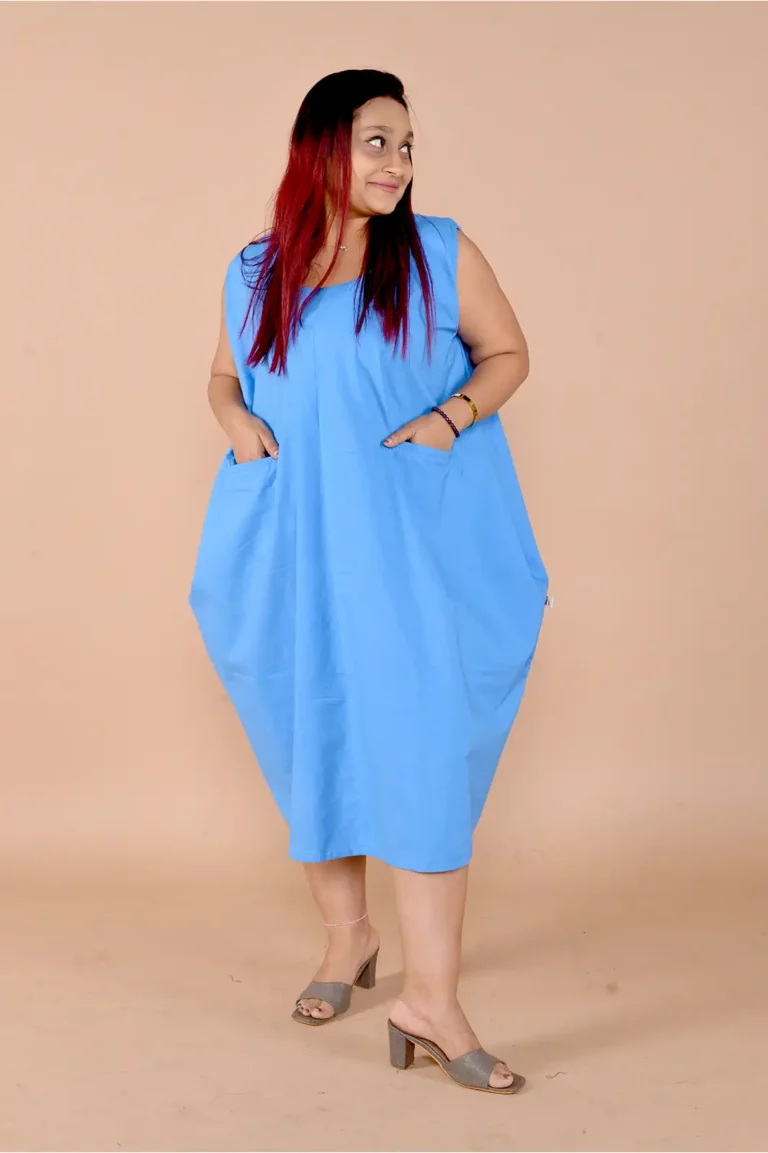 ahana sleevless oversized dress blue, oversized dress, oversized dress for women, oversized dress outfit, organic clothing, party wear dress women