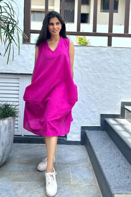 avni solid pocket dress hot pink, woman and dress, one piece dress, western dress, western lady dress, womens dress pink, organic clothing, sustainable clothing