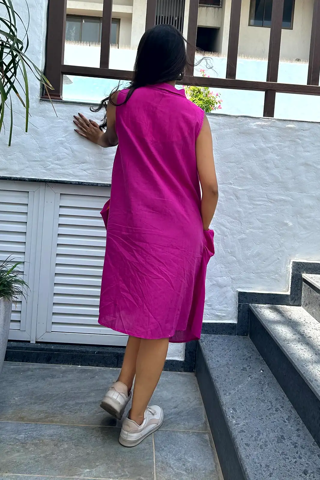 avni solid pocket dress hot pink, woman and dress, one piece dress, western dress, western lady dress, womens dress pink, organic clothing, sustainable clothing