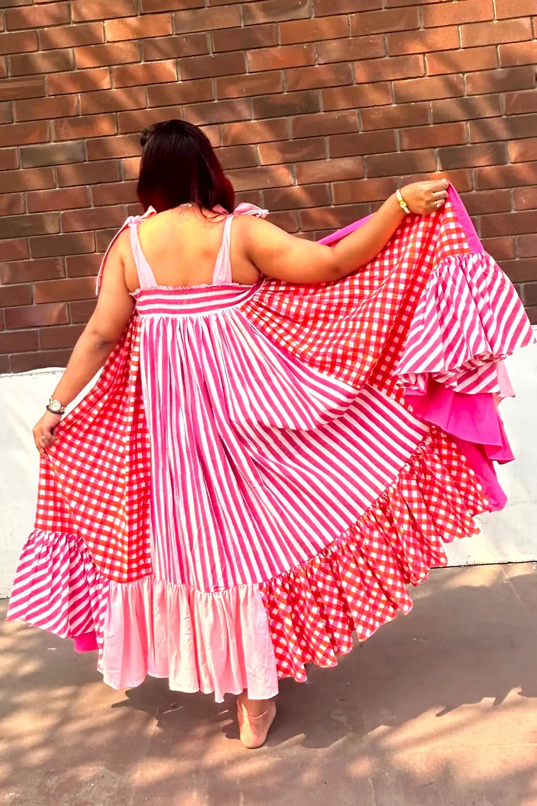ayesha pattern block ultra flare dress pink, knee length flare dress, super flare dress, party wear dress women, western dress, women clothing, organic clothing