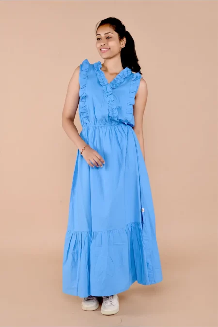 blue full length dress with frill detail, full length dress without sleeves party wear dress women, western dress, women clothing, organic clothing