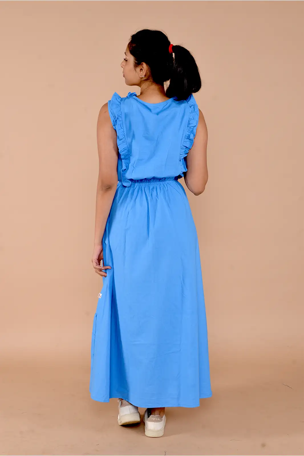 blue full length dress with frill detail, full length dress without sleeves party wear dress women, western dress, women clothing, organic clothing