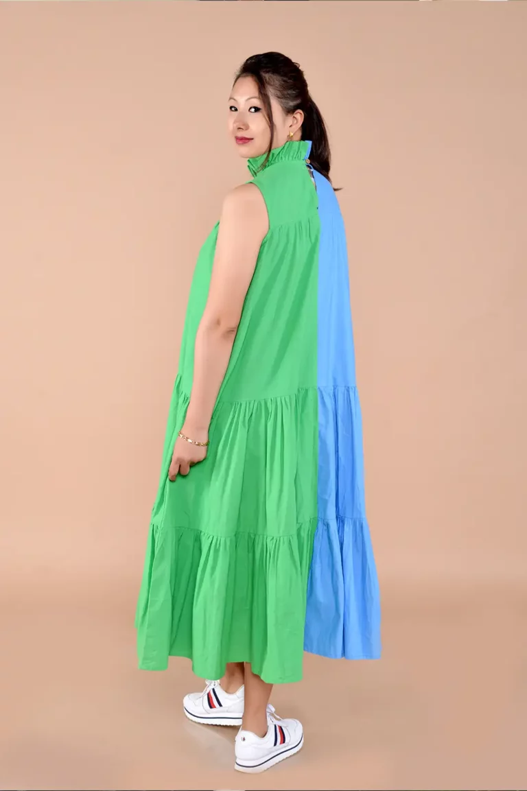 half and half sleeveless layered dress blue green, sleeveless dress for women, party wear dress women, western dress, women clothing, organic clothing