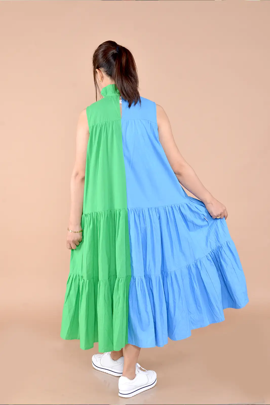 half and half sleeveless layered dress blue green, sleeveless dress for women, party wear dress women, western dress, women clothing, organic clothing