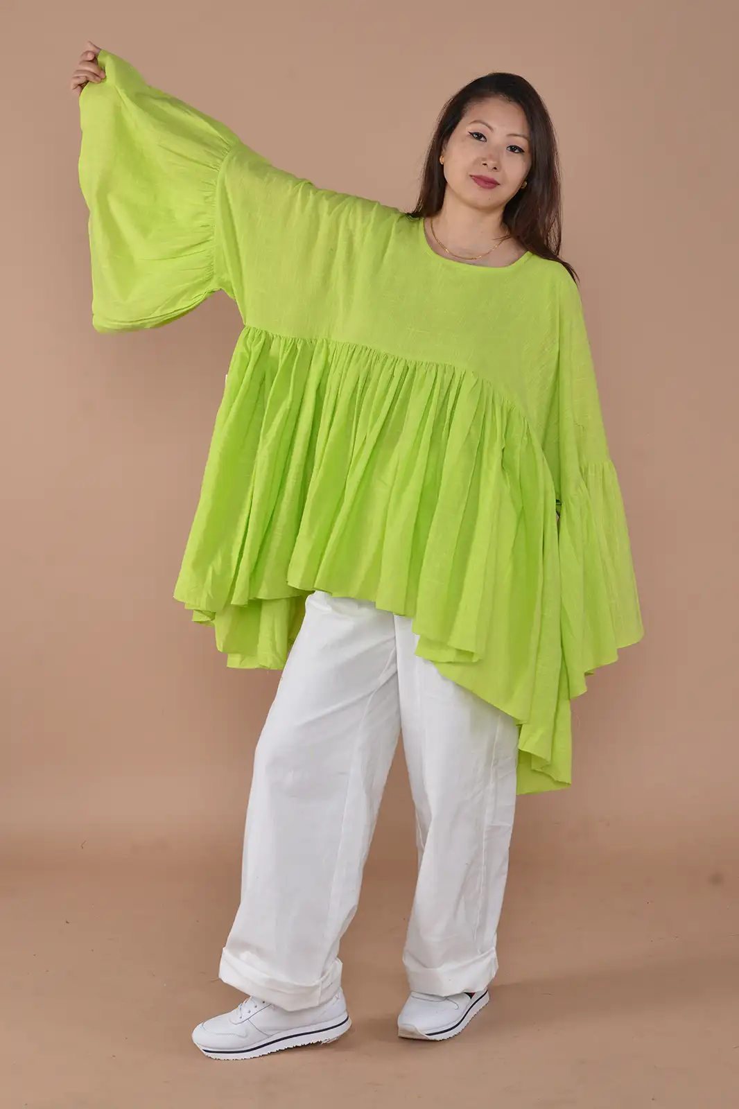 tarini oversized top solid lime green, oversized top for women, oversized t shirt, oversized t shirt women, oversized t shirt women, top for women, women clothing, organic clothing, trendy top for women, stylish top for women, full sleeves top for women, Sepia Stories