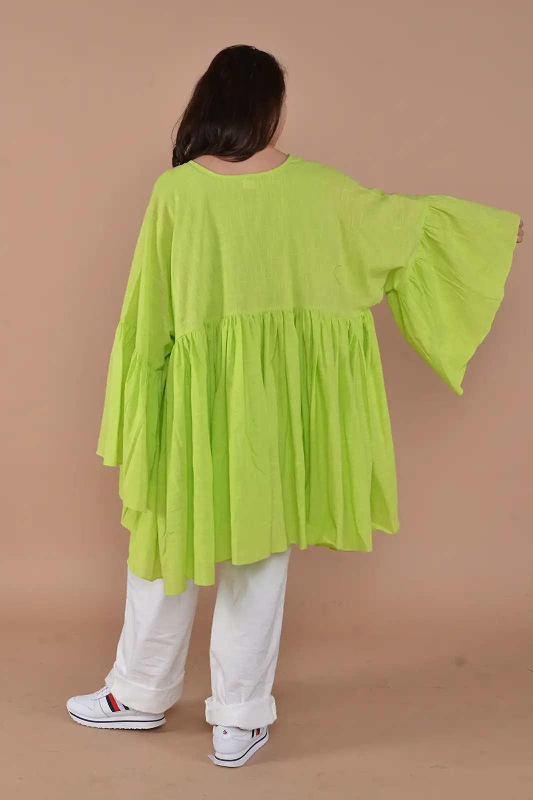 tarini oversized top solid lime green, oversized top for women, oversized t shirt, oversized t shirt women, oversized t shirt women, top for women, women clothing, organic clothing, trendy top for women, stylish top for women, full sleeves top for women, Sepia Stories