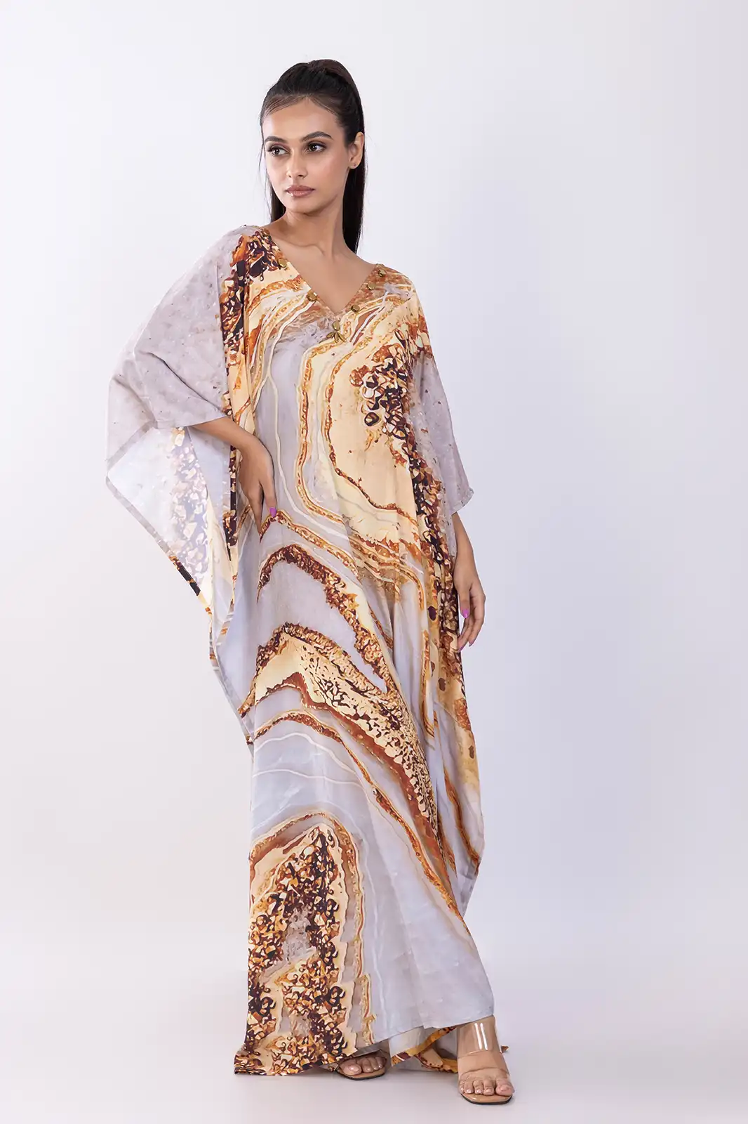Deenah Long Kaftan Recycled Print Beige, Eco Friendly Printed Long Kaftan, Organic Fabric Recycled Print Kaftan, Sustainable Boho Long Kaftan Dress, Recycled Material Ethnic Kaftan