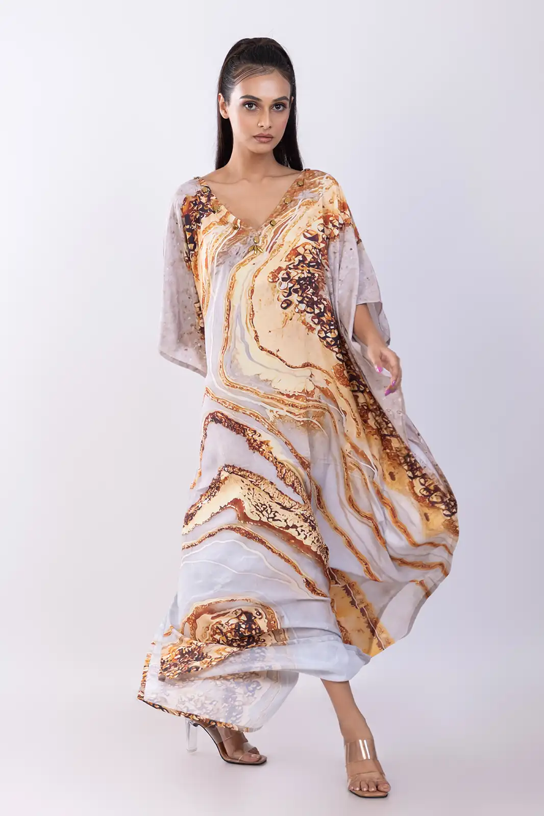 Deenah Long Kaftan Recycled Print Beige, Eco Friendly Printed Long Kaftan, Organic Fabric Recycled Print Kaftan, Sustainable Boho Long Kaftan Dress, Recycled Material Ethnic Kaftan