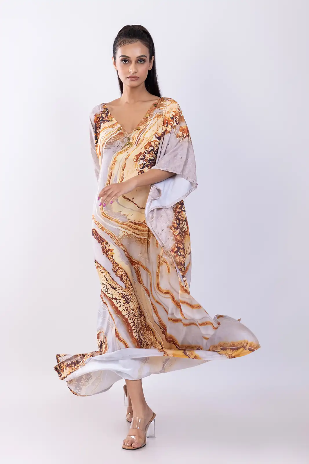 Deenah Long Kaftan Recycled Print Beige, Eco Friendly Printed Long Kaftan, Organic Fabric Recycled Print Kaftan, Sustainable Boho Long Kaftan Dress, Recycled Material Ethnic Kaftan