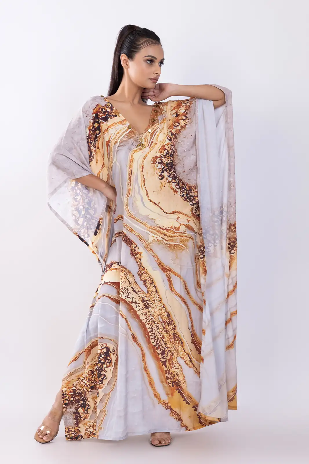 Deenah Long Kaftan Recycled Print Beige, Eco Friendly Printed Long Kaftan, Organic Fabric Recycled Print Kaftan, Sustainable Boho Long Kaftan Dress, Recycled Material Ethnic Kaftan