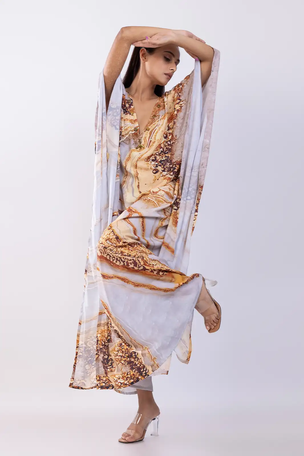 Deenah Long Kaftan Recycled Print Beige, Eco Friendly Printed Long Kaftan, Organic Fabric Recycled Print Kaftan, Sustainable Boho Long Kaftan Dress, Recycled Material Ethnic Kaftan