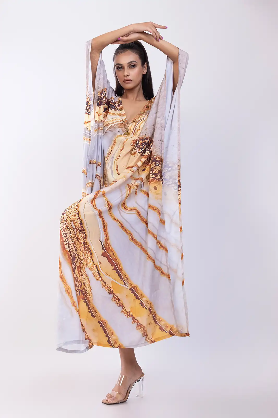 Deenah Long Kaftan Recycled Print Beige, Eco Friendly Printed Long Kaftan, Organic Fabric Recycled Print Kaftan, Sustainable Boho Long Kaftan Dress, Recycled Material Ethnic Kaftan