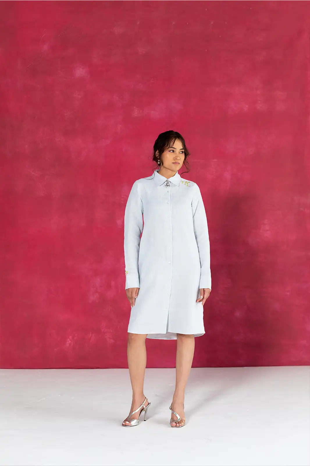 Cloud Shirt Dress, pastel blue linen shirt dress, hand embroidered dress, Sepia Stories clothing, pure linen dress, summer shirt dress, designer linen dress India, casual pastel dress, elegant linen outfit, sustainable fashion women, breezy linen shirt dress