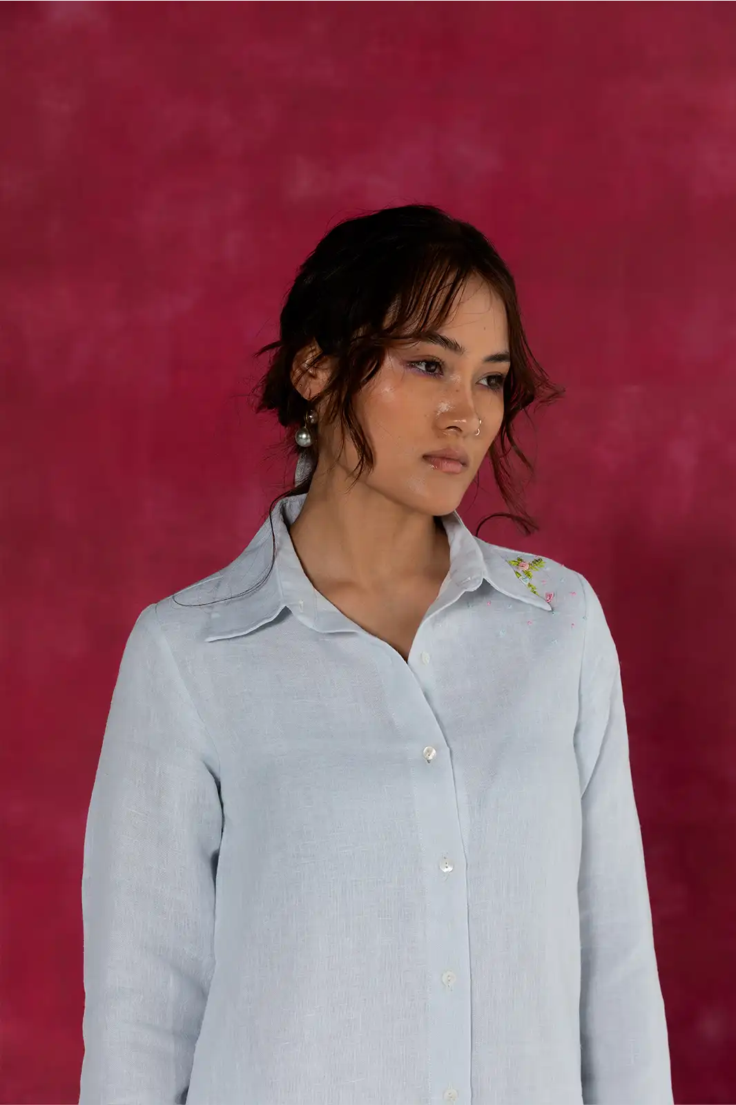 Cloud Shirt Dress, pastel blue linen shirt dress, hand embroidered dress, Sepia Stories clothing, pure linen dress, summer shirt dress, designer linen dress India, casual pastel dress, elegant linen outfit, sustainable fashion women, breezy linen shirt dress