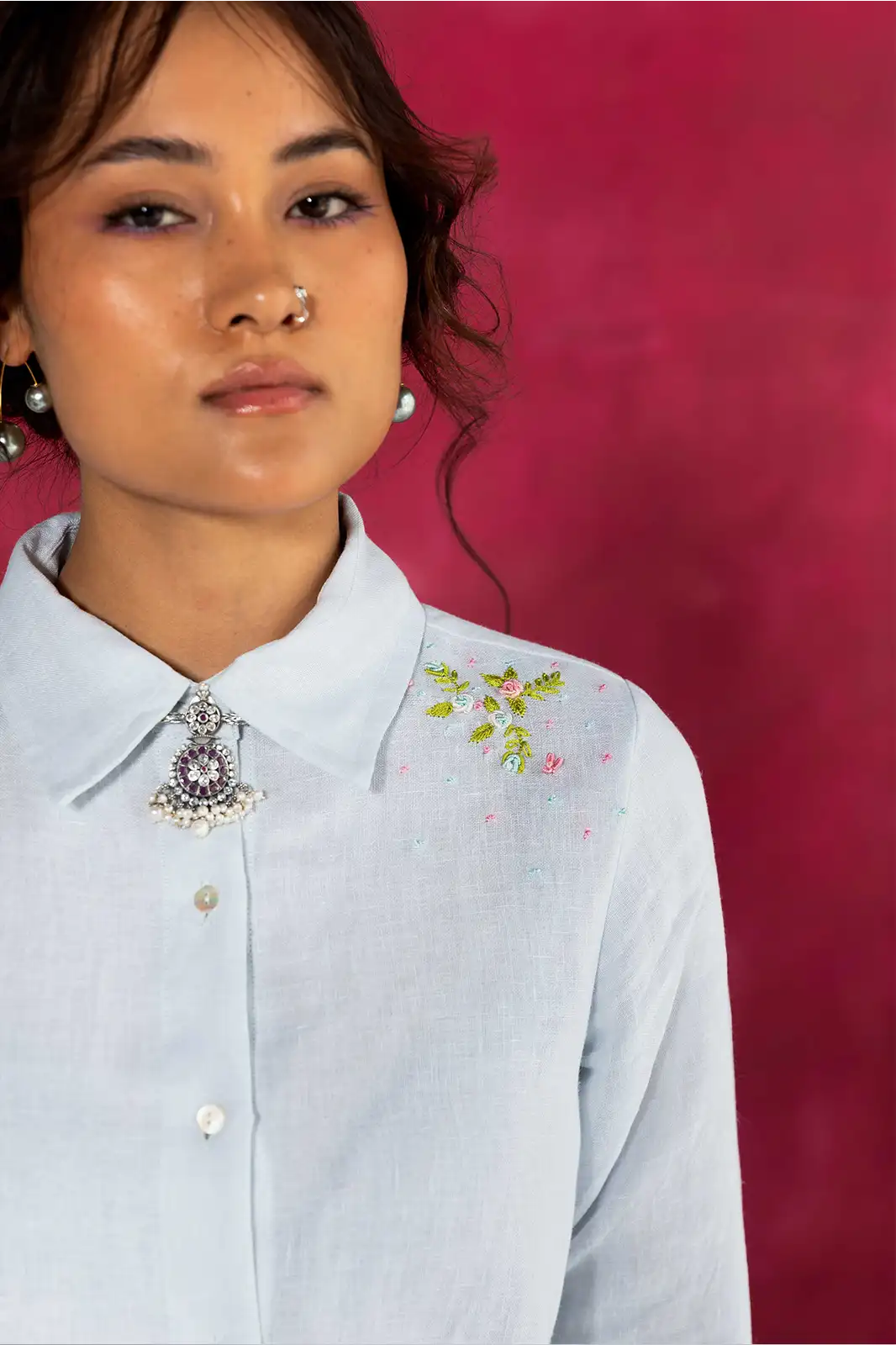 Cloud Shirt Dress, pastel blue linen shirt dress, hand embroidered dress, Sepia Stories clothing, pure linen dress, summer shirt dress, designer linen dress India, casual pastel dress, elegant linen outfit, sustainable fashion women, breezy linen shirt dress