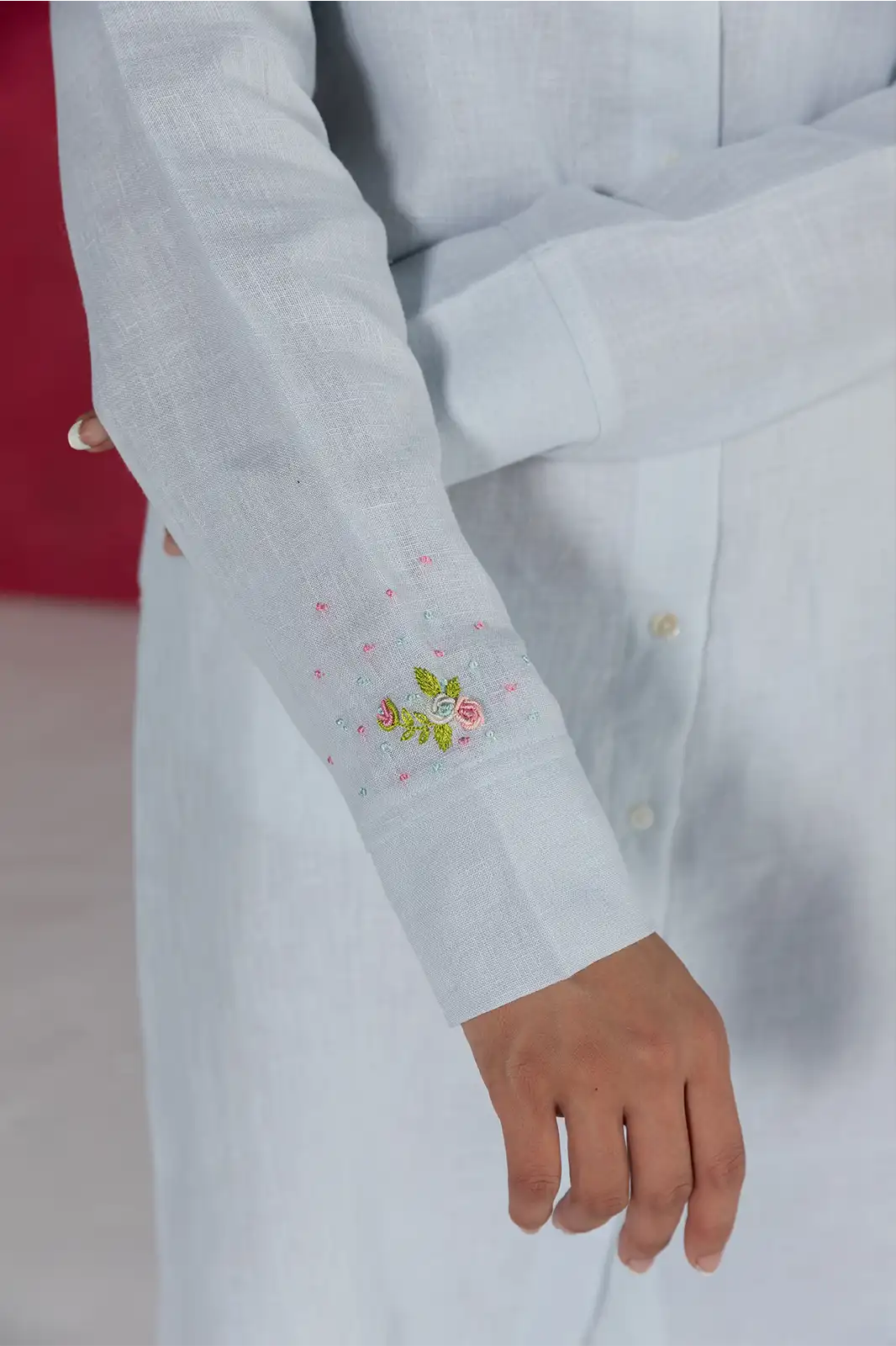 Cloud Shirt Dress, pastel blue linen shirt dress, hand embroidered dress, Sepia Stories clothing, pure linen dress, summer shirt dress, designer linen dress India, casual pastel dress, elegant linen outfit, sustainable fashion women, breezy linen shirt dress