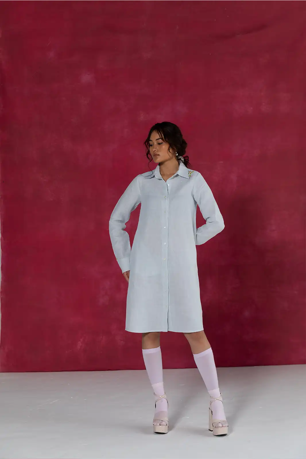 Cloud Shirt Dress, pastel blue linen shirt dress, hand embroidered dress, Sepia Stories clothing, pure linen dress, summer shirt dress, designer linen dress India, casual pastel dress, elegant linen outfit, sustainable fashion women, breezy linen shirt dress