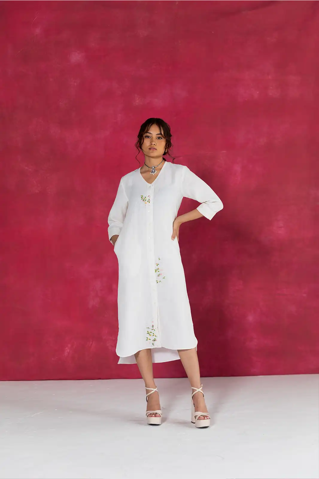 Dawn Shirt Dress, linen ivory shirt dress, hand embroidered dress, Sepia Stories clothing, pure linen dress, ivory summer dress, designer shirt dress India, elegant linen dress for women, casual linen shirt dress, sustainable fashion dress