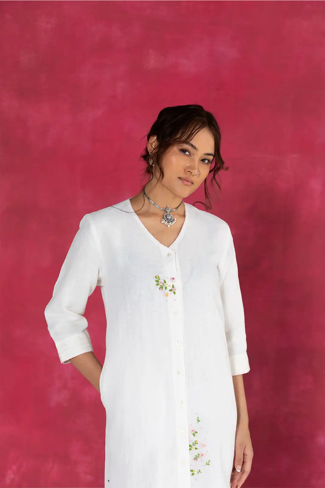 Dawn Shirt Dress, linen ivory shirt dress, hand embroidered dress, Sepia Stories clothing, pure linen dress, ivory summer dress, designer shirt dress India, elegant linen dress for women, casual linen shirt dress, sustainable fashion dress