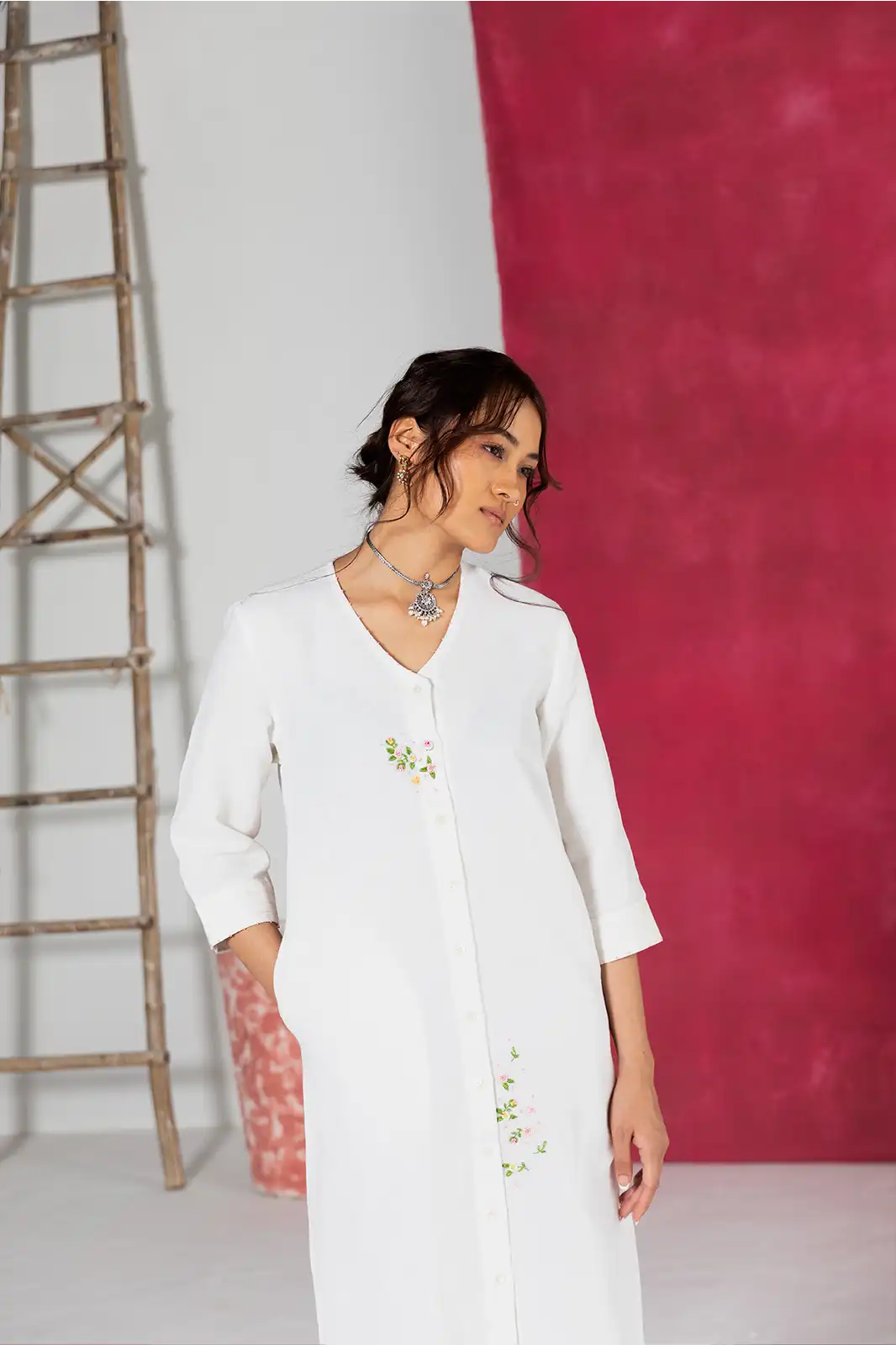 Dawn Shirt Dress, linen ivory shirt dress, hand embroidered dress, Sepia Stories clothing, pure linen dress, ivory summer dress, designer shirt dress India, elegant linen dress for women, casual linen shirt dress, sustainable fashion dress