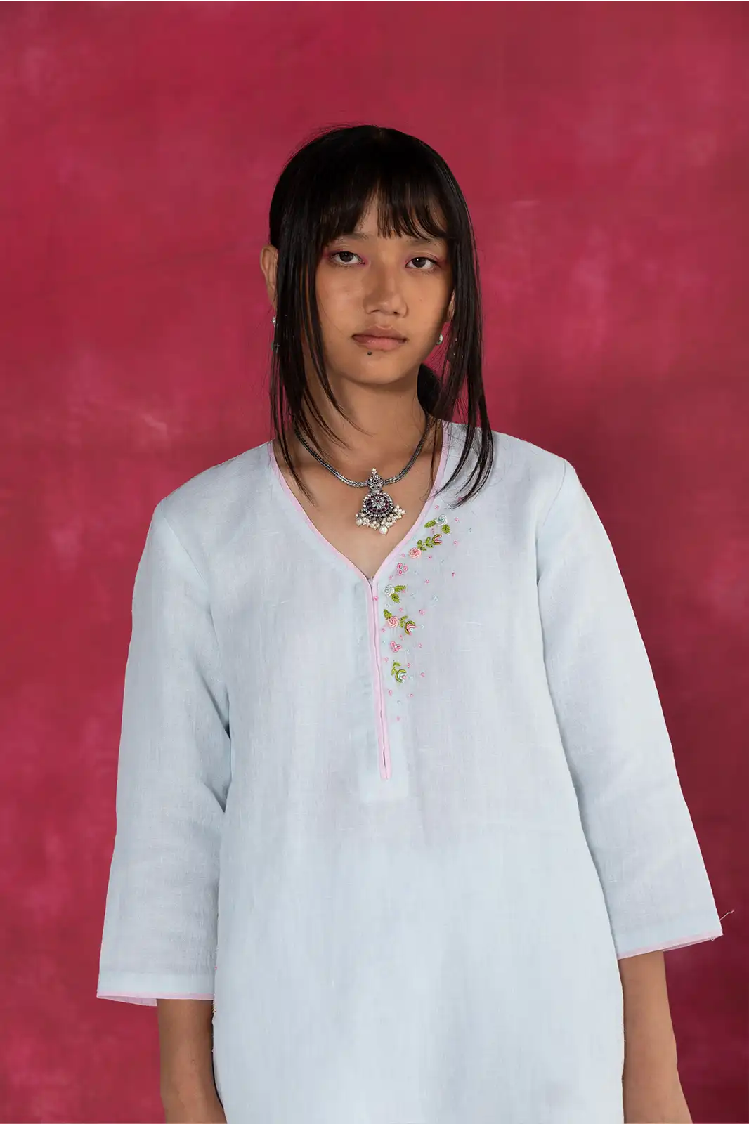 Far East Co-ord, pastel blue linen co-ord set, hand embroidered linen outfit, Sepia Stories clothing, pure linen women’s co-ord, sustainable co-ord fashion, elegant pastel blue outfit, designer linen co-ord India, artisan crafted clothing, casual linen co-ord set, breathable summer co-ord