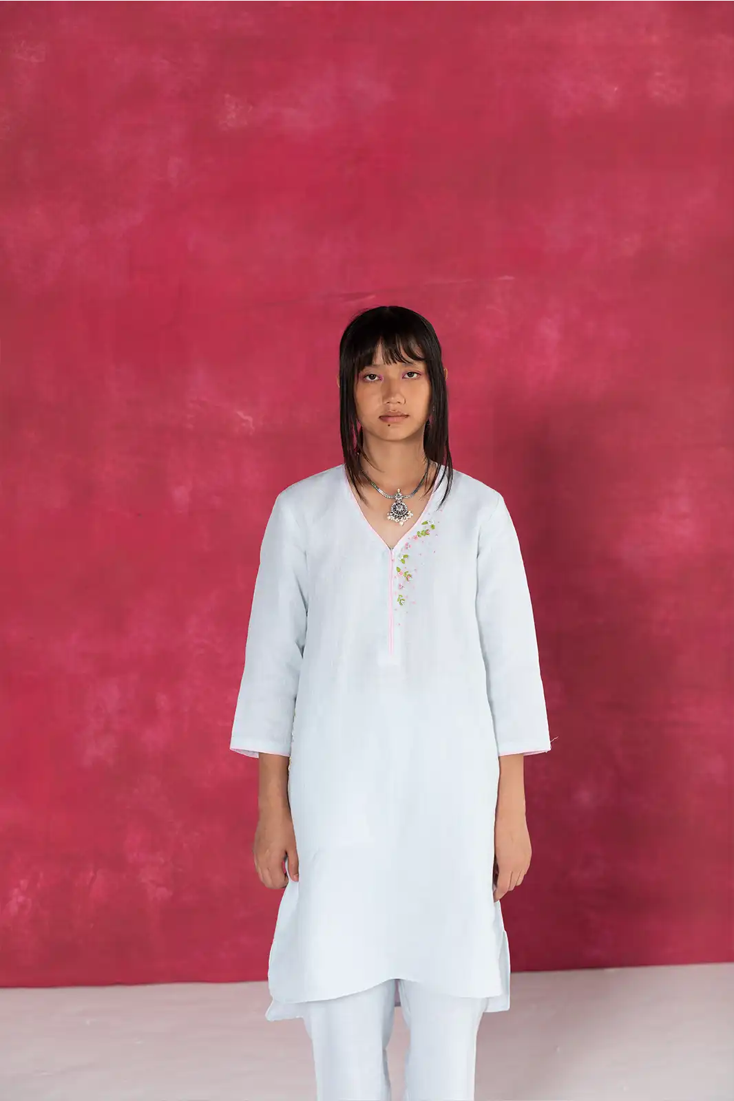 Far East Co-ord, pastel blue linen co-ord set, hand embroidered linen outfit, Sepia Stories clothing, pure linen women’s co-ord, sustainable co-ord fashion, elegant pastel blue outfit, designer linen co-ord India, artisan crafted clothing, casual linen co-ord set, breathable summer co-ord