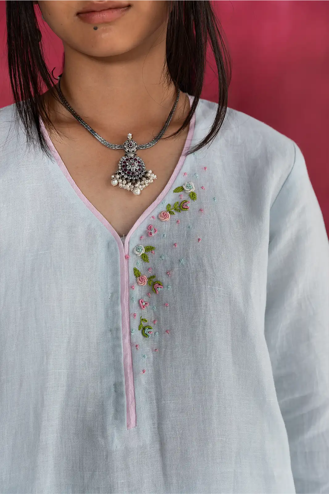 Far East Co-ord, pastel blue linen co-ord set, hand embroidered linen outfit, Sepia Stories clothing, pure linen women’s co-ord, sustainable co-ord fashion, elegant pastel blue outfit, designer linen co-ord India, artisan crafted clothing, casual linen co-ord set, breathable summer co-ord