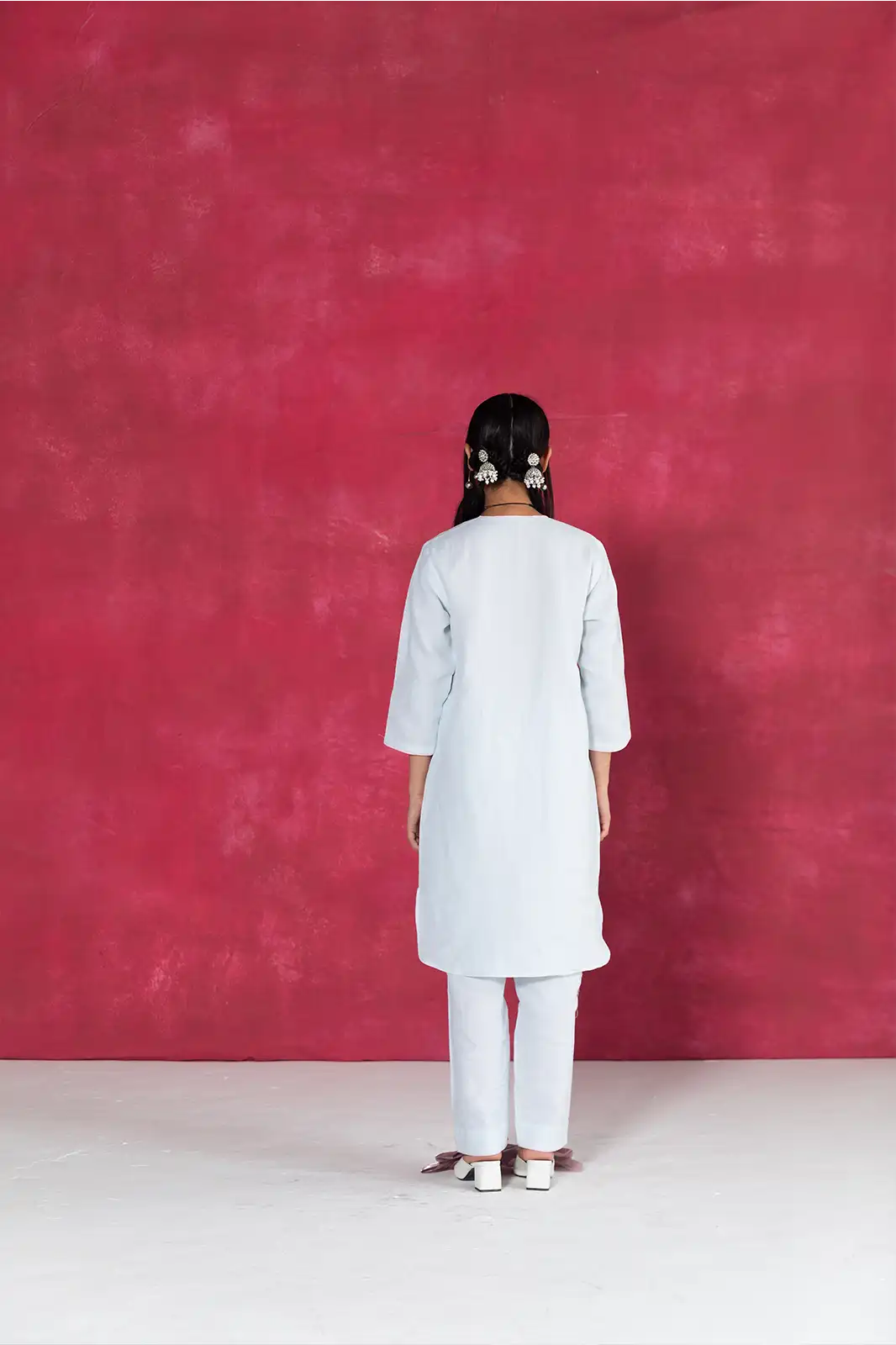 Far East Co-ord, pastel blue linen co-ord set, hand embroidered linen outfit, Sepia Stories clothing, pure linen women’s co-ord, sustainable co-ord fashion, elegant pastel blue outfit, designer linen co-ord India, artisan crafted clothing, casual linen co-ord set, breathable summer co-ord