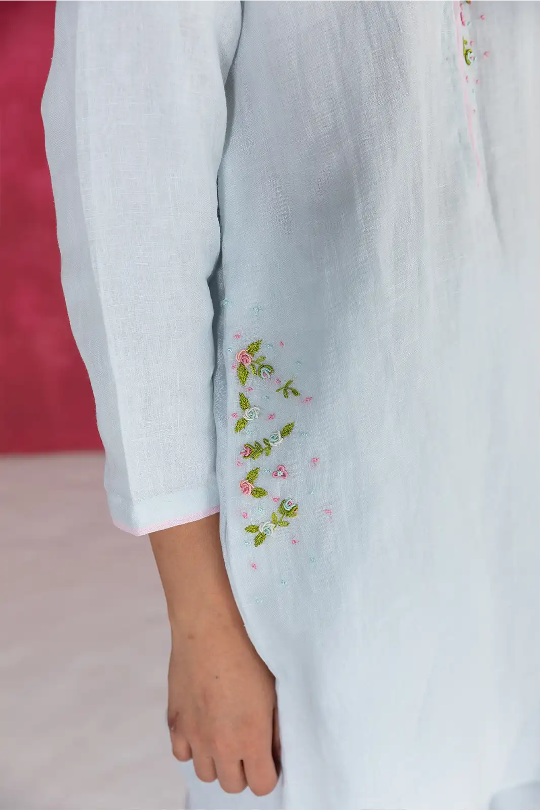 Far East Co-ord, pastel blue linen co-ord set, hand embroidered linen outfit, Sepia Stories clothing, pure linen women’s co-ord, sustainable co-ord fashion, elegant pastel blue outfit, designer linen co-ord India, artisan crafted clothing, casual linen co-ord set, breathable summer co-ord