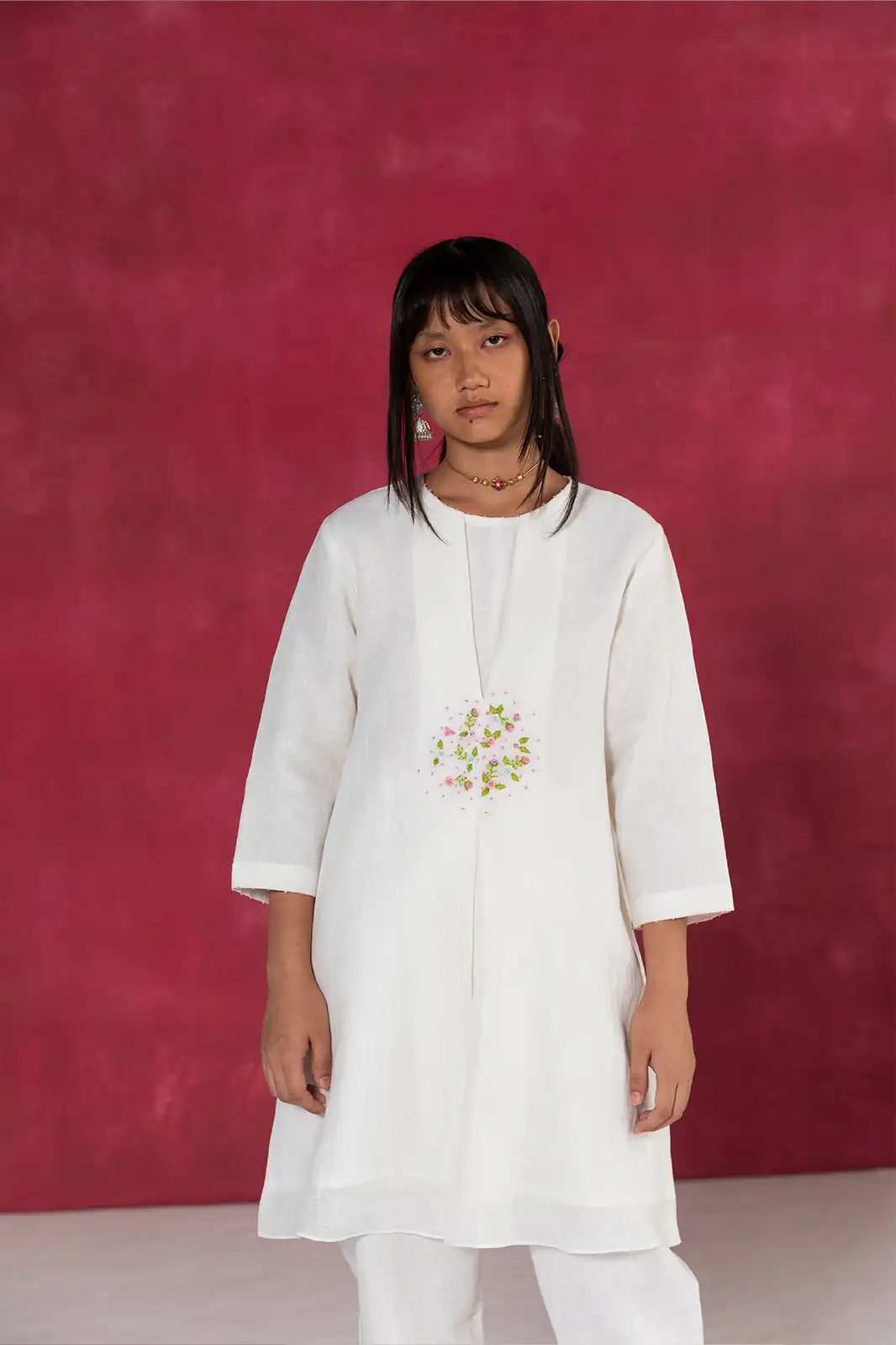 East Meets West Co-ord, ivory linen co-ord set, hand embroidered linen outfit, box pleat detail co-ord, Sepia Stories clothing, sustainable co-ord set, pure linen fashion India, designer linen co-ords, elegant ivory women’s outfit, artisan crafted linen wear, casual linen co-ord