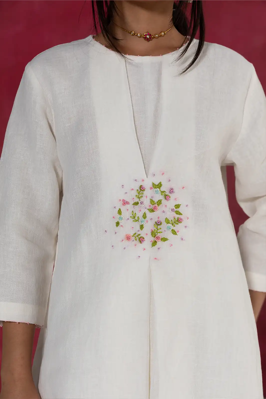 East Meets West Co-ord, ivory linen co-ord set, hand embroidered linen outfit, box pleat detail co-ord, Sepia Stories clothing, sustainable co-ord set, pure linen fashion India, designer linen co-ords, elegant ivory women’s outfit, artisan crafted linen wear, casual linen co-ord