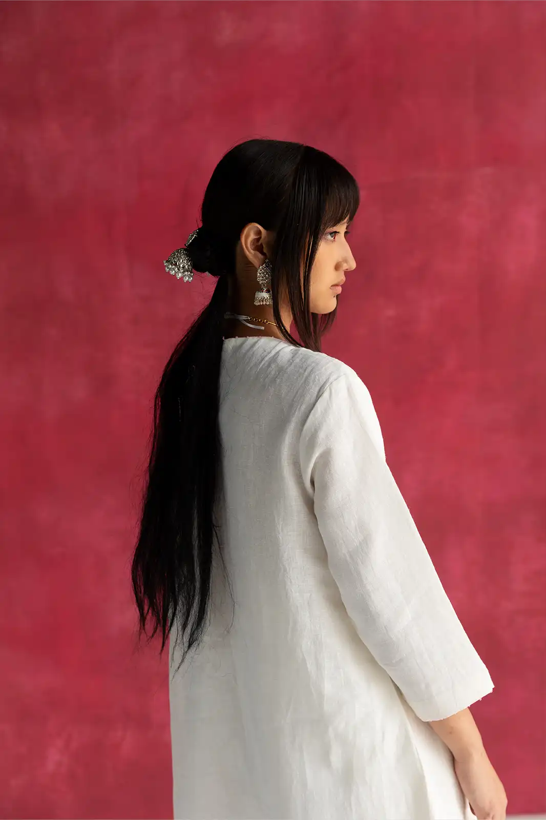 East Meets West Co-ord, ivory linen co-ord set, hand embroidered linen outfit, box pleat detail co-ord, Sepia Stories clothing, sustainable co-ord set, pure linen fashion India, designer linen co-ords, elegant ivory women’s outfit, artisan crafted linen wear, casual linen co-ord