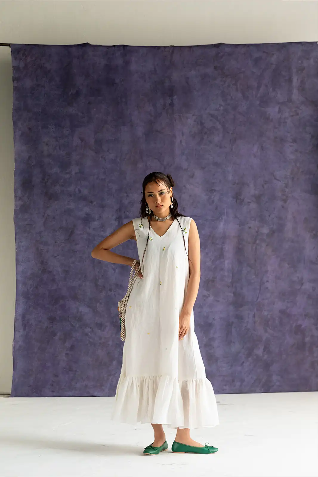 Zen Garden Dress, linen ivory maxi dress, hand embroidered dress, A-line maxi dress, Sepia Stories clothing, pure linen dress, summer maxi dress, ivory linen outfit, designer maxi dress India, elegant linen dress for women