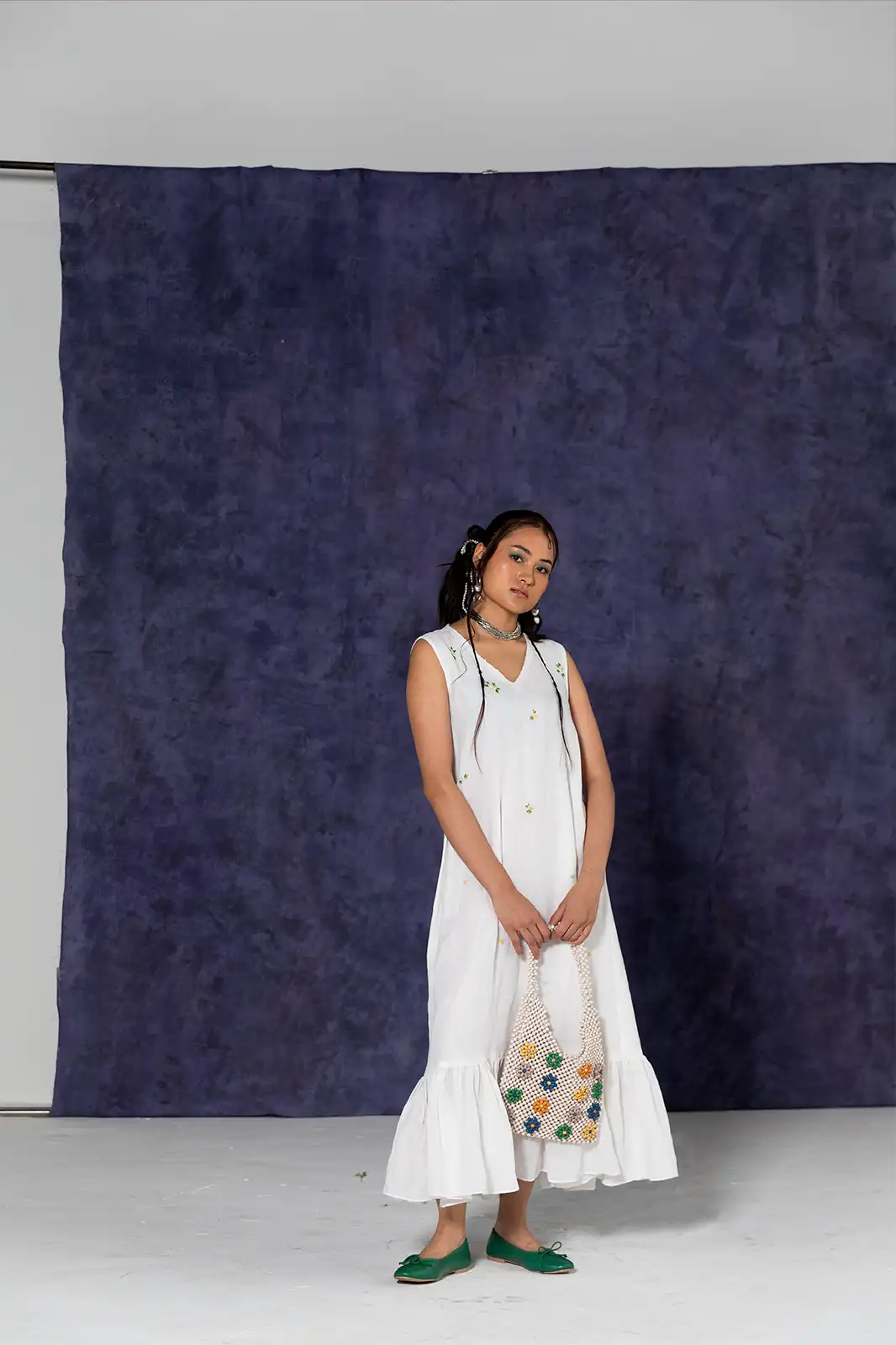 Zen Garden Dress, linen ivory maxi dress, hand embroidered dress, A-line maxi dress, Sepia Stories clothing, pure linen dress, summer maxi dress, ivory linen outfit, designer maxi dress India, elegant linen dress for women