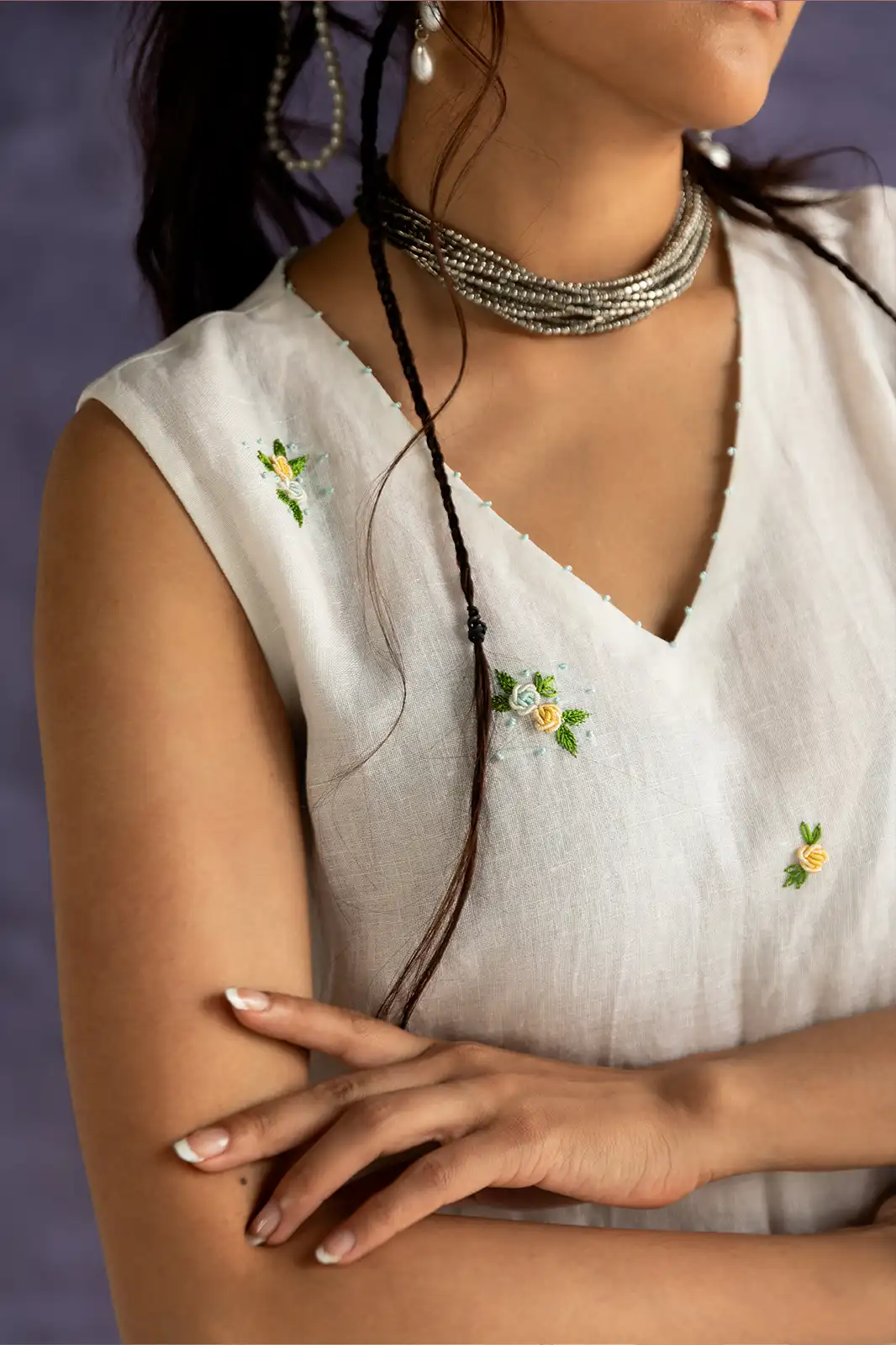 Zen Garden Dress, linen ivory maxi dress, hand embroidered dress, A-line maxi dress, Sepia Stories clothing, pure linen dress, summer maxi dress, ivory linen outfit, designer maxi dress India, elegant linen dress for women