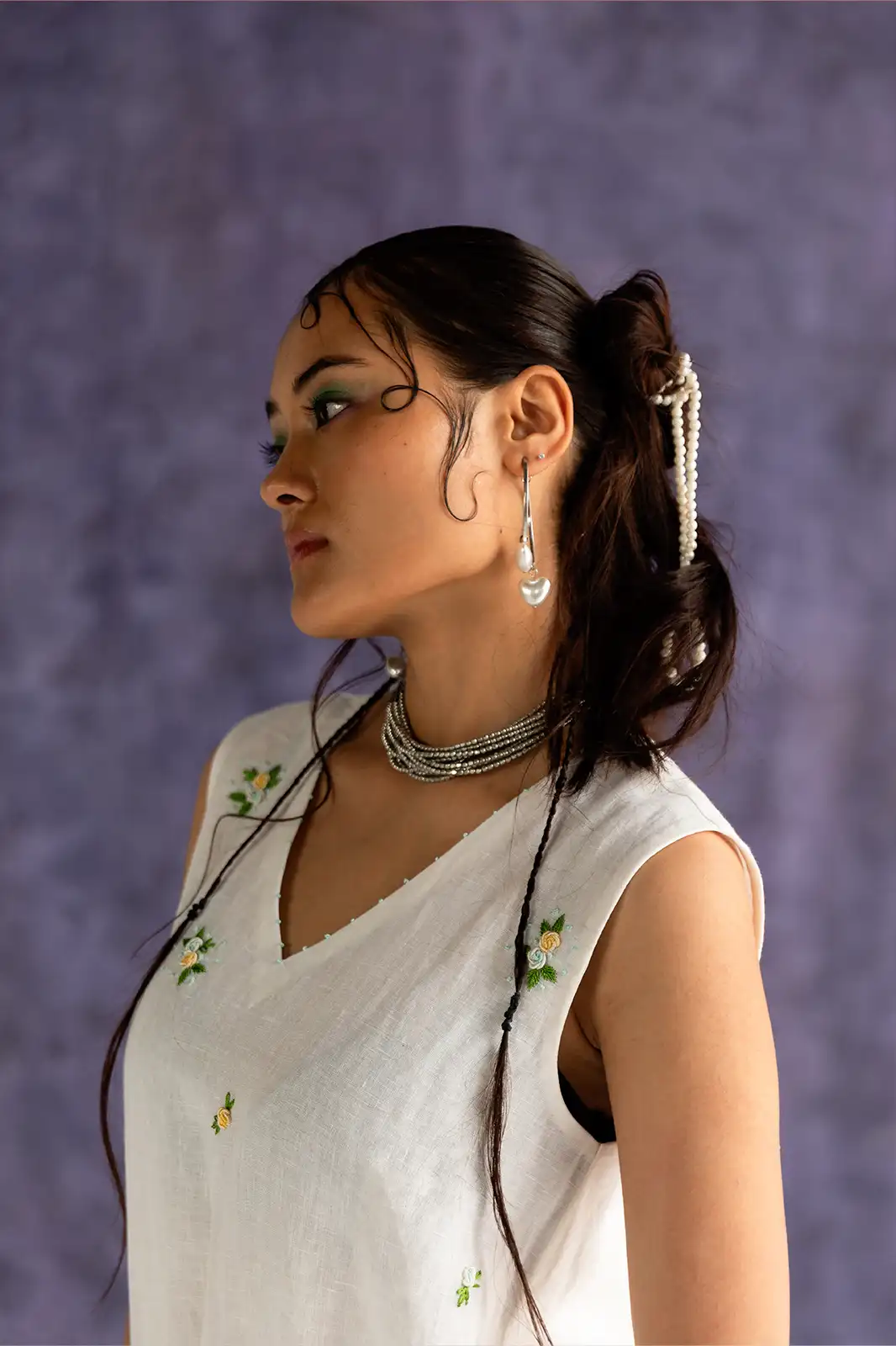 Zen Garden Dress, linen ivory maxi dress, hand embroidered dress, A-line maxi dress, Sepia Stories clothing, pure linen dress, summer maxi dress, ivory linen outfit, designer maxi dress India, elegant linen dress for women