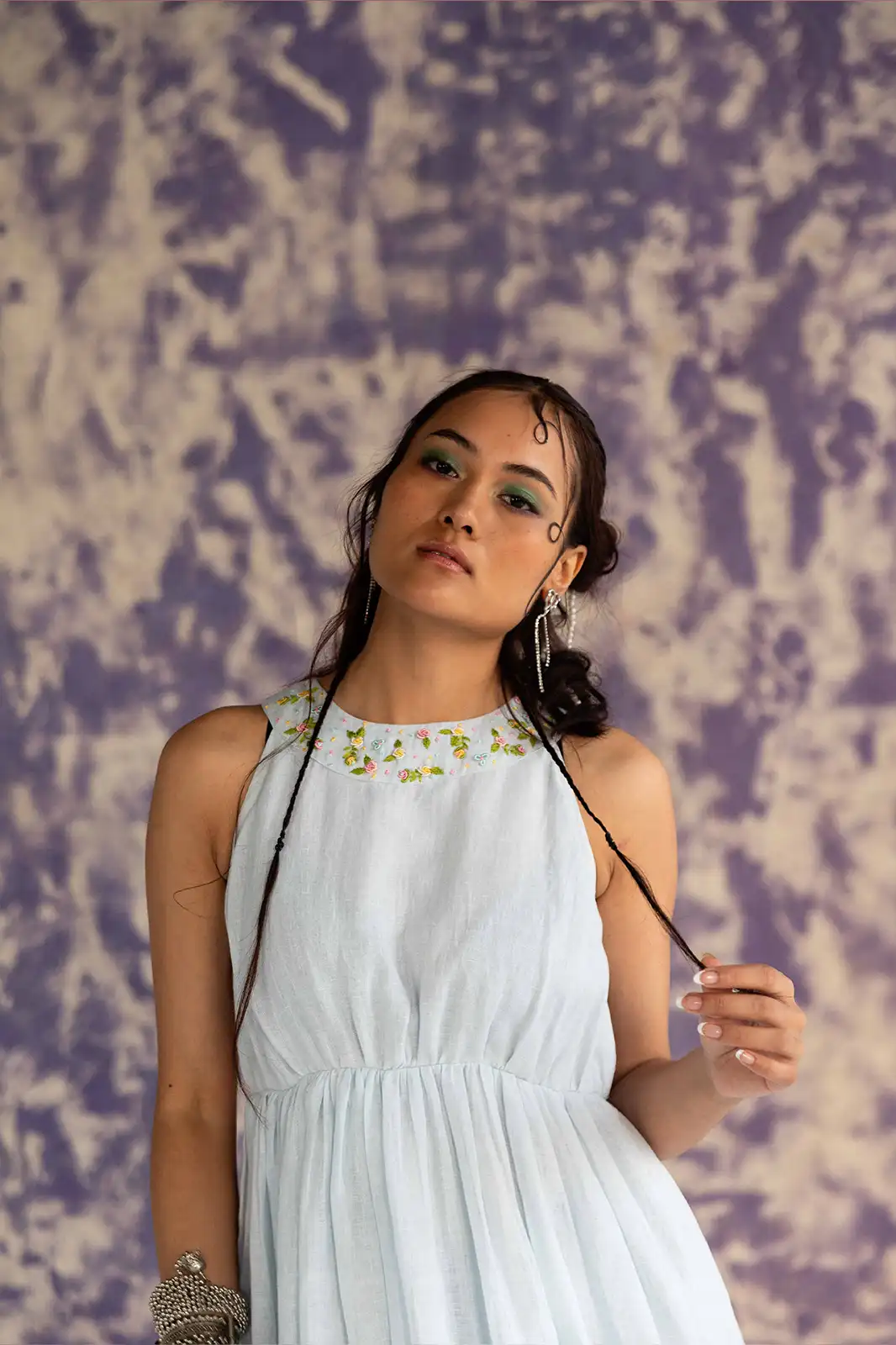 Whisper Valley Dress, pastel blue linen maxi dress, halter neck tiered dress, hand embroidered dress, Sepia Stories clothing, pure linen dress, summer maxi dress, designer maxi dress India, elegant halter dress, sustainable linen fashion, flowy linen tiered dress