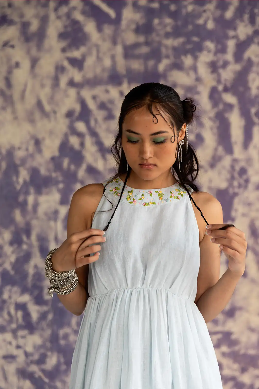 Whisper Valley Dress, pastel blue linen maxi dress, halter neck tiered dress, hand embroidered dress, Sepia Stories clothing, pure linen dress, summer maxi dress, designer maxi dress India, elegant halter dress, sustainable linen fashion, flowy linen tiered dress