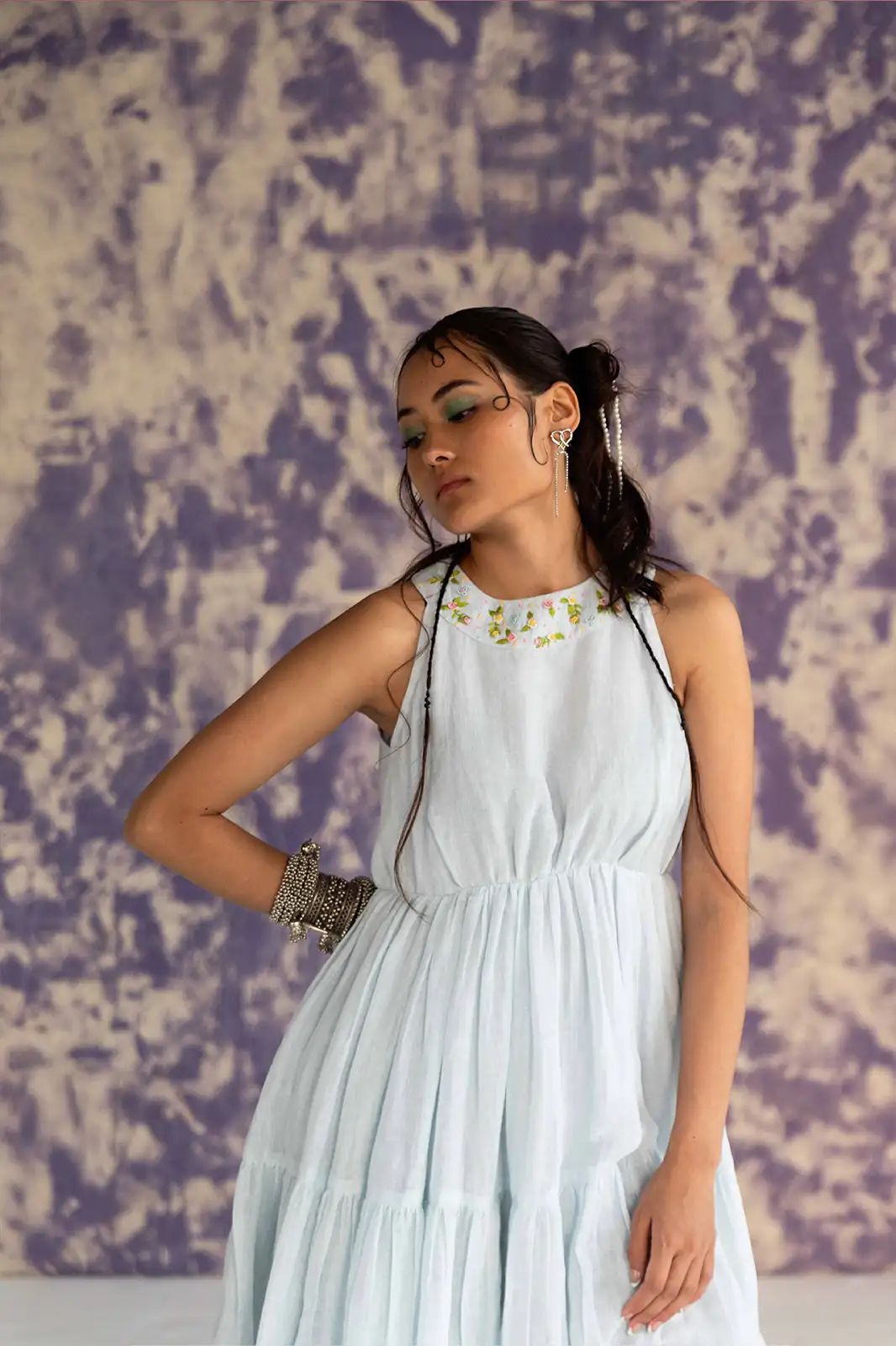 Whisper Valley Dress, pastel blue linen maxi dress, halter neck tiered dress, hand embroidered dress, Sepia Stories clothing, pure linen dress, summer maxi dress, designer maxi dress India, elegant halter dress, sustainable linen fashion, flowy linen tiered dress