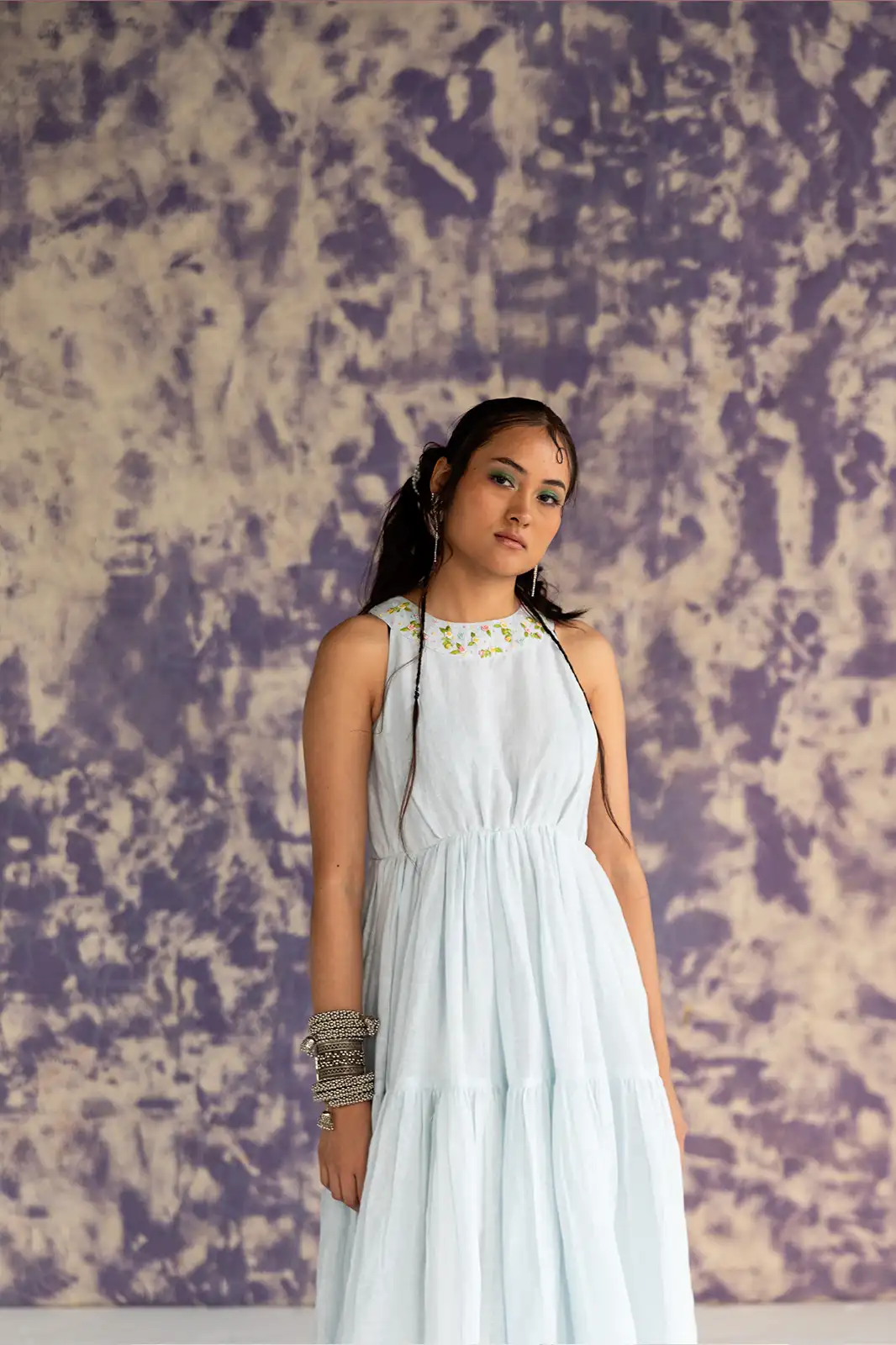 Whisper Valley Dress, pastel blue linen maxi dress, halter neck tiered dress, hand embroidered dress, Sepia Stories clothing, pure linen dress, summer maxi dress, designer maxi dress India, elegant halter dress, sustainable linen fashion, flowy linen tiered dress