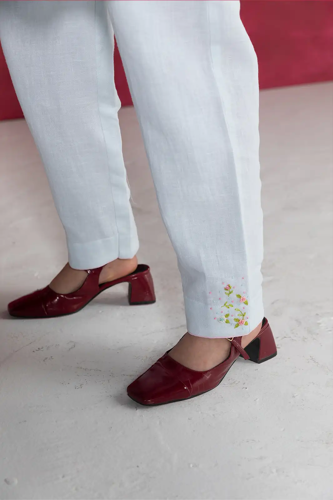 Laugh in Flowers Top, pastel blue linen top, hand embroidered linen top, empire line gathers top, Sepia Stories clothing, pure linen women’s top, sustainable fashion India, designer linen tops, elegant pastel blue blouse, casual linen wear, artisan crafted top