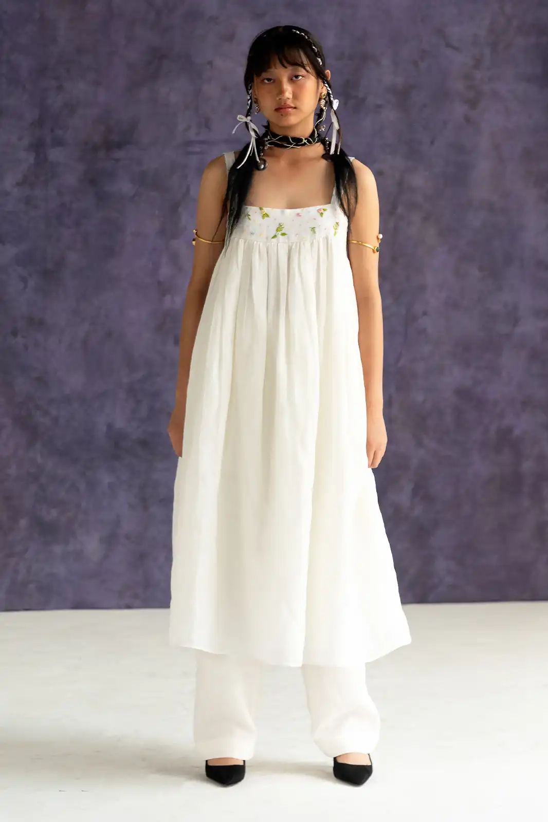 Sing Along Dress, ivory linen sundress, strappy summer dress, hand embroidered dress, Sepia Stories clothing, pure linen dress, designer sundress India, casual ivory dress, elegant linen outfit, sustainable fashion women, lightweight linen sundress