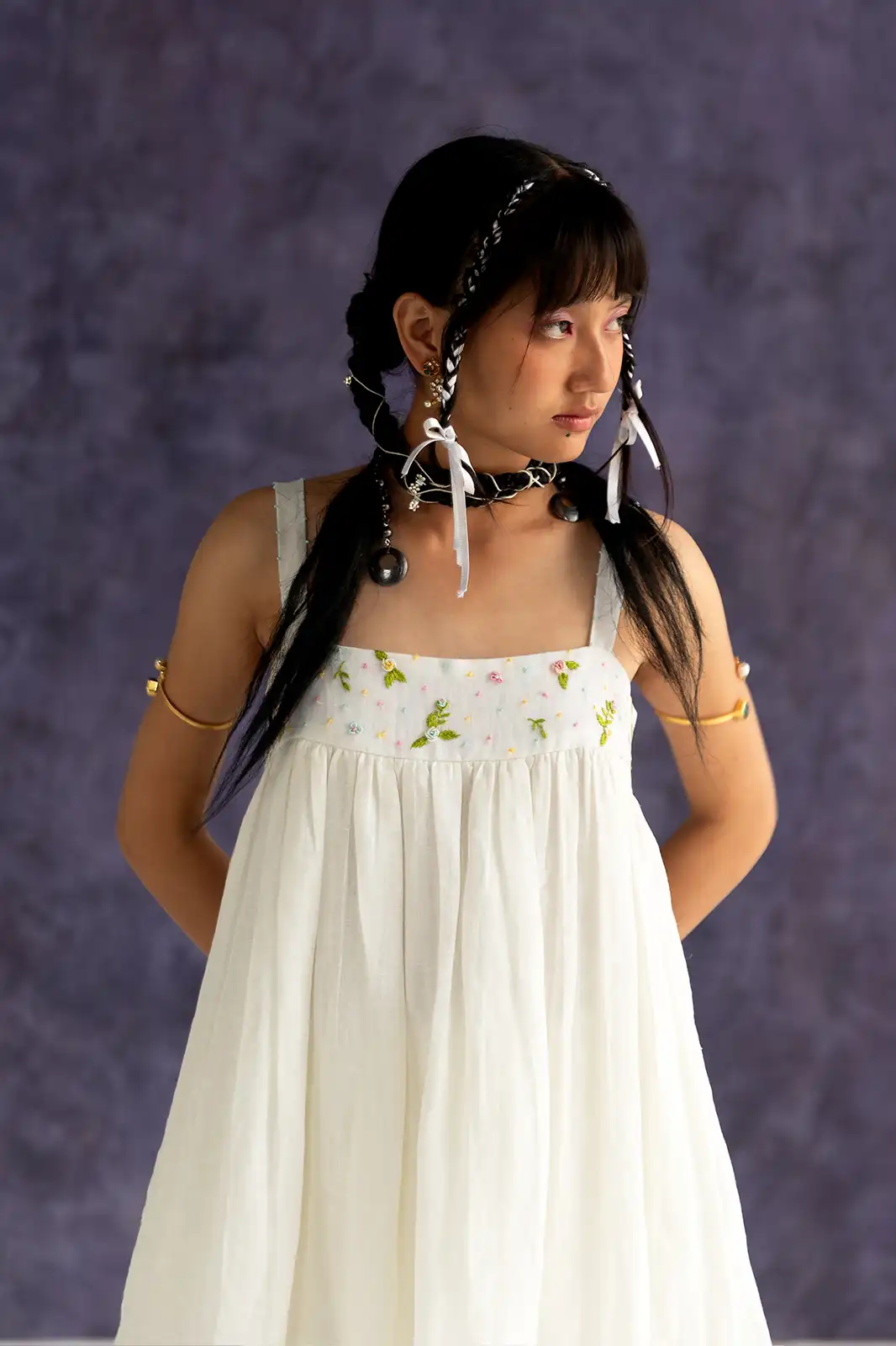 Sing Along Dress, ivory linen sundress, strappy summer dress, hand embroidered dress, Sepia Stories clothing, pure linen dress, designer sundress India, casual ivory dress, elegant linen outfit, sustainable fashion women, lightweight linen sundress