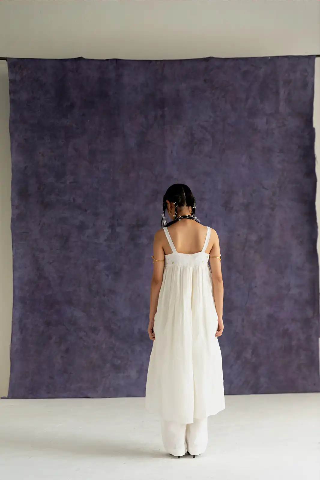 Sing Along Dress, ivory linen sundress, strappy summer dress, hand embroidered dress, Sepia Stories clothing, pure linen dress, designer sundress India, casual ivory dress, elegant linen outfit, sustainable fashion women, lightweight linen sundress