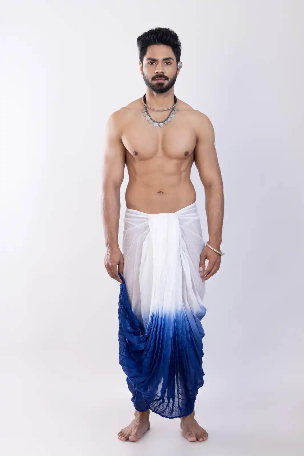 Kolkom Cotton Dhoti White Navy, Eco-friendly Cotton Dhoti, Organic Fabric Traditional Dhoti, Natural Fiber Men’s Dhoti, Sustainable Ethnic Wear Cotton Dhoti, Handwoven Organic Dhoti
