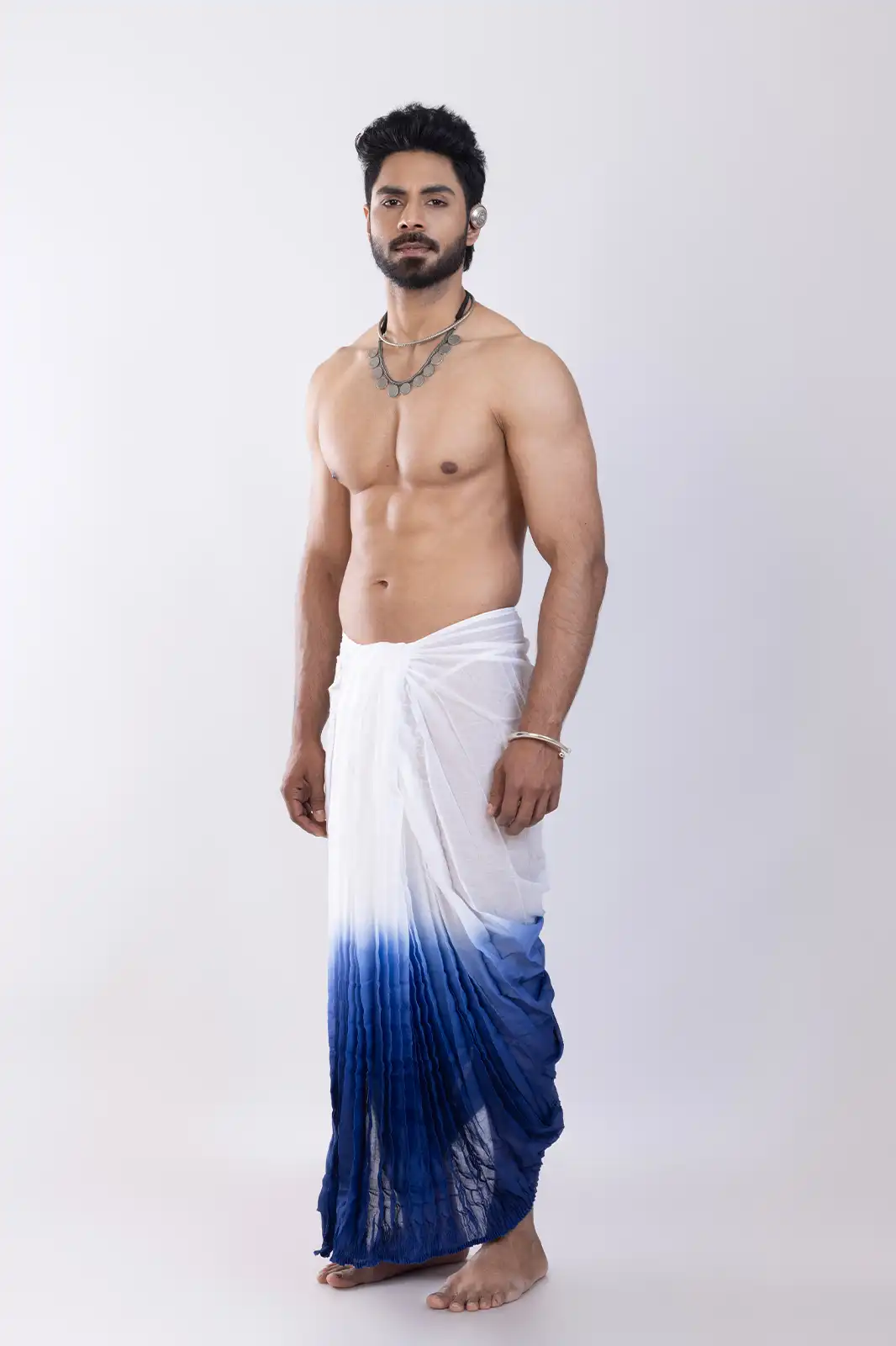 Kolkom Cotton Dhoti White Navy, Eco-friendly Cotton Dhoti, Organic Fabric Traditional Dhoti, Natural Fiber Men’s Dhoti, Sustainable Ethnic Wear Cotton Dhoti, Handwoven Organic Dhoti
